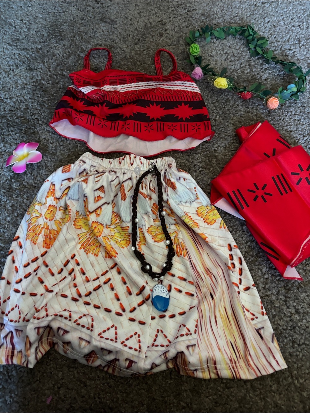Moana inspired Red Tribal Crop Top & Floral Skirt Two-Piece Set